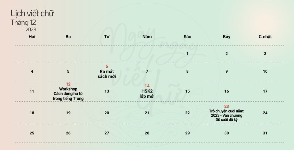 Lịch viết chữ tháng 12/2023