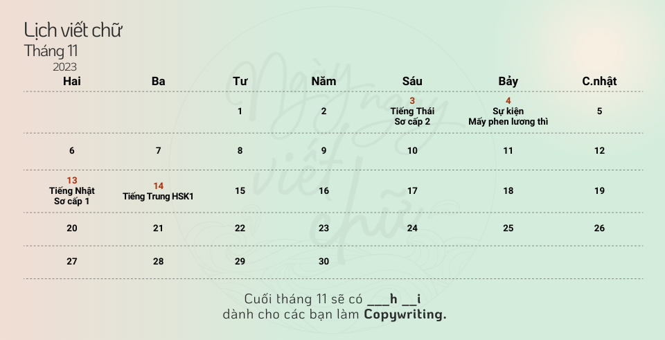 Lịch viết chữ tháng 11/2023